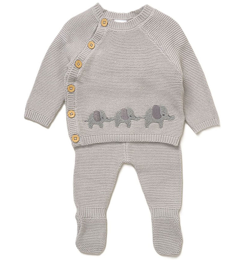 Thumbnail: Baby Boy Knitted 2 Pce Outfit Set Elephants Cotton Leggings Jumper Top Grey
