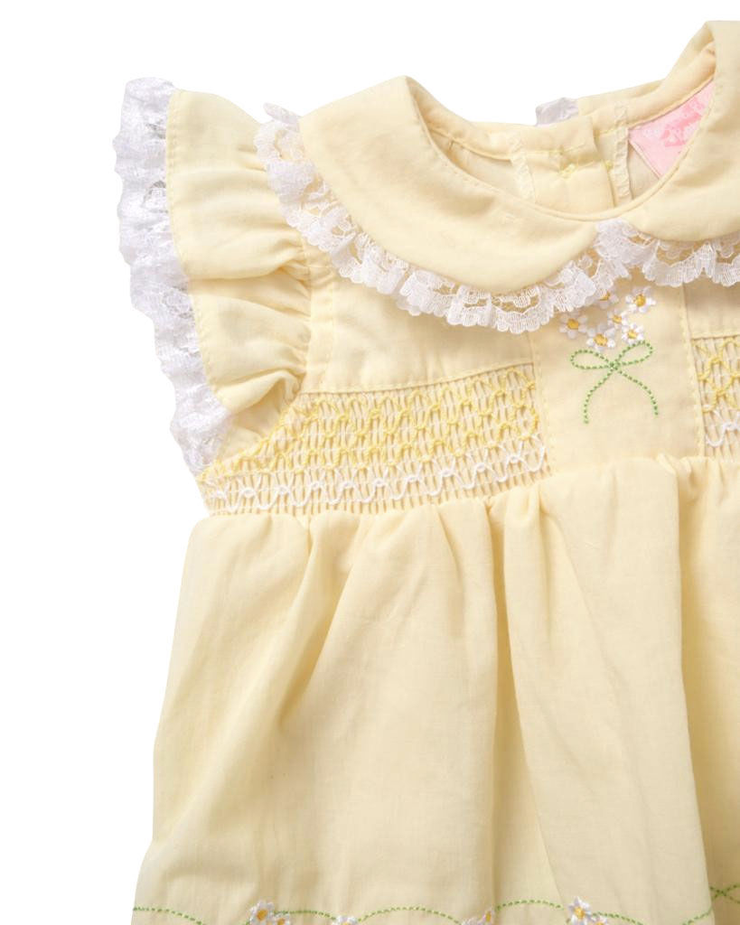 Thumbnail: Baby Girl Dress Set Smocked Frilly Lace Embroidered Headband Lemon Pink