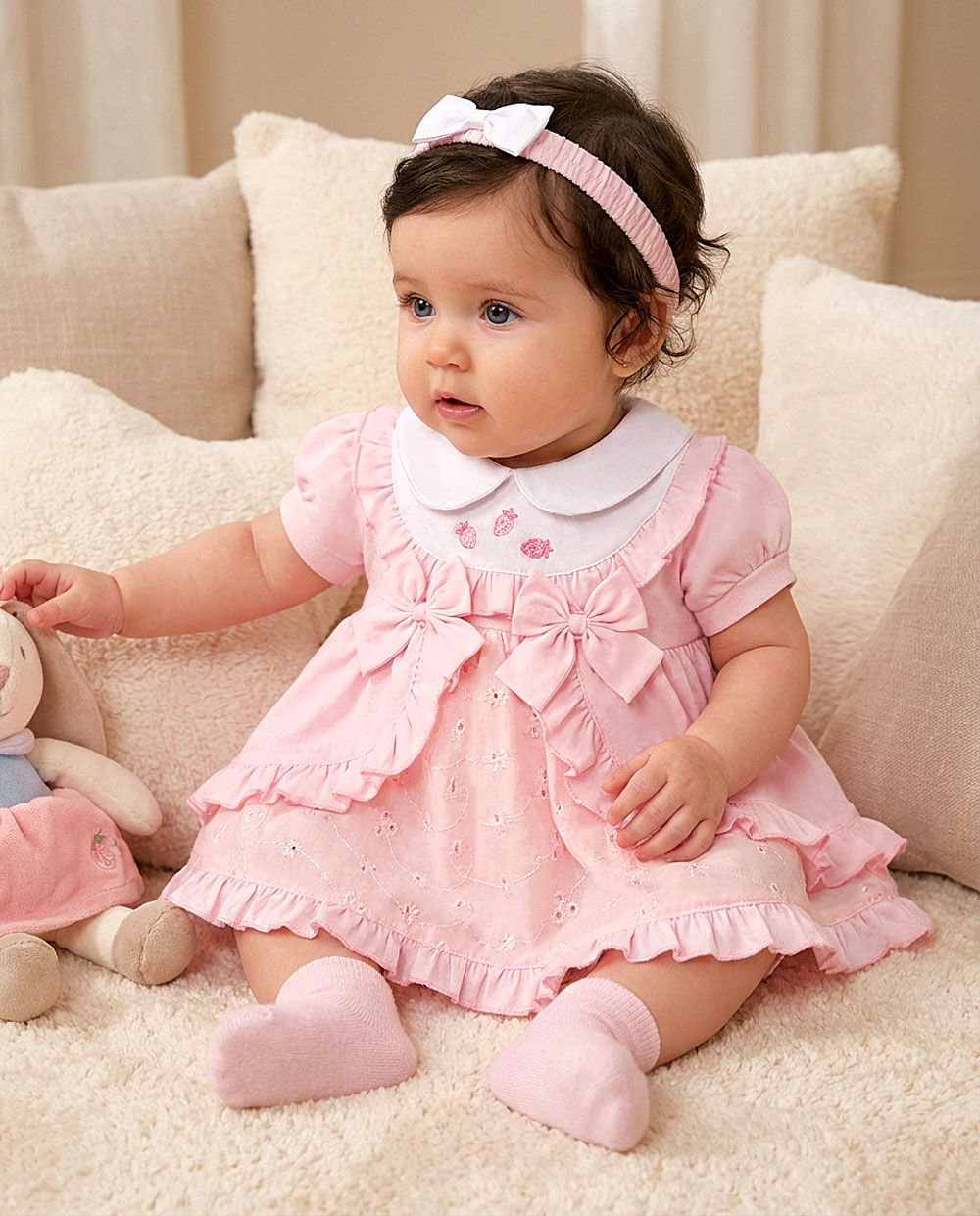 Baby Girl Dress Set Outfit Frilly Bow Headband Pink