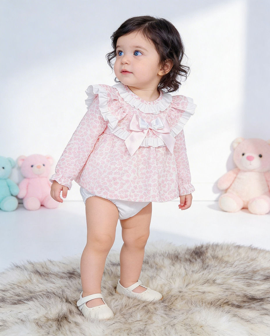 Thumbnail: Baby Girl Spanish Jam Pants Frilly Top Set Outfit Wee Me Pink