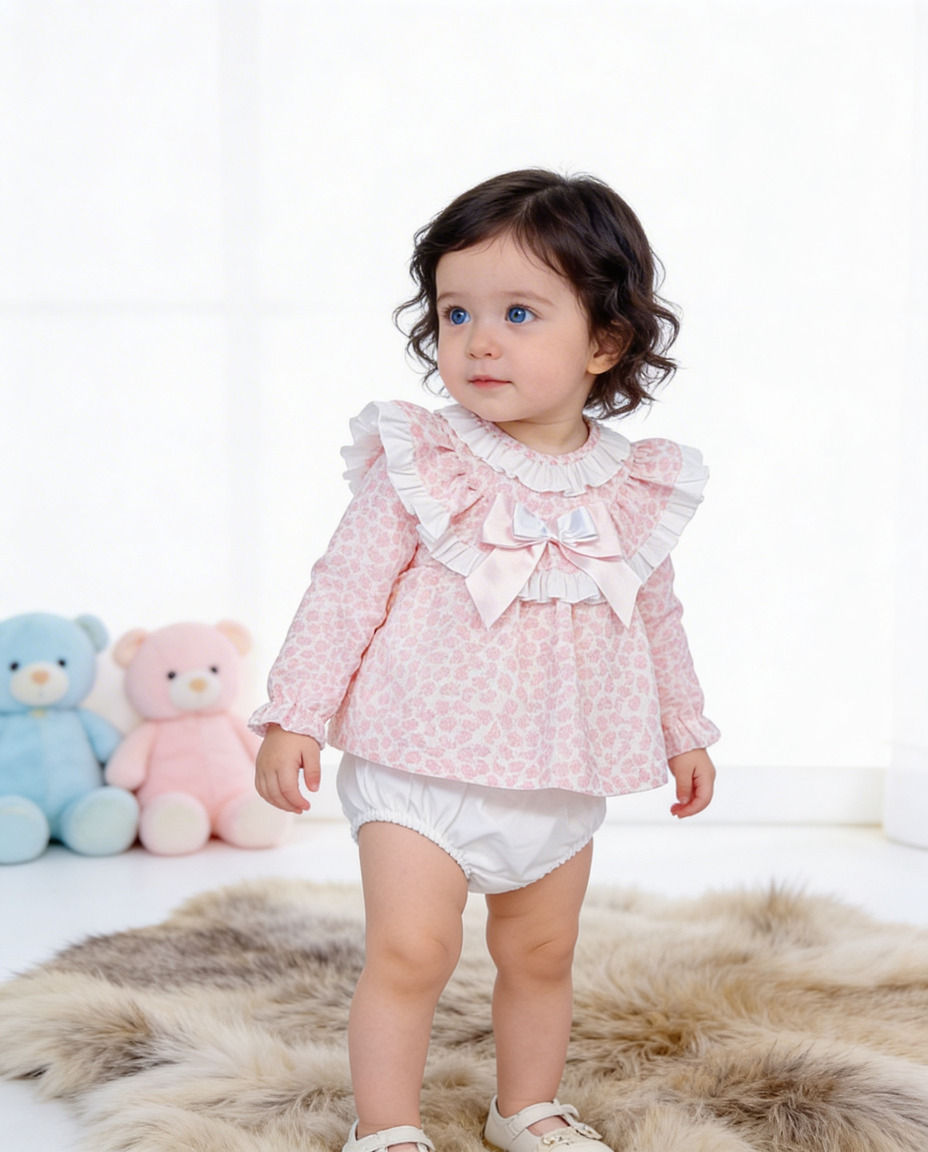 Thumbnail: Baby Girl Spanish Jam Pants Frilly Top Set Outfit Wee Me Pink