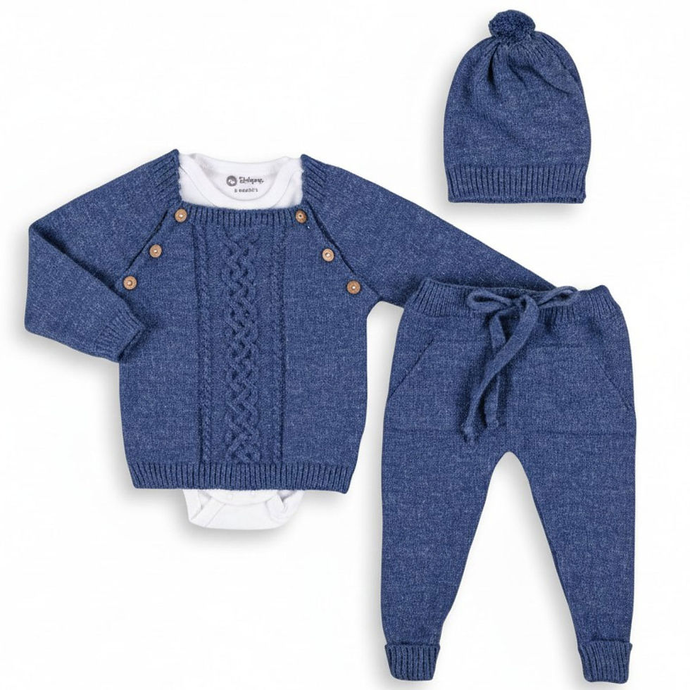 Thumbnail: Baby Boy Wool Blend 4 Piece Knitted Outfit Set Trousers Jumper Hat Vest BLUE