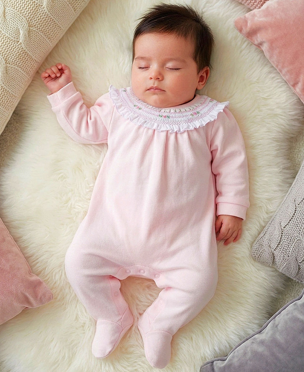 Thumbnail: Baby Girl Sleepsuit Babygrow Velour All in One Smocking Embroidery PINK