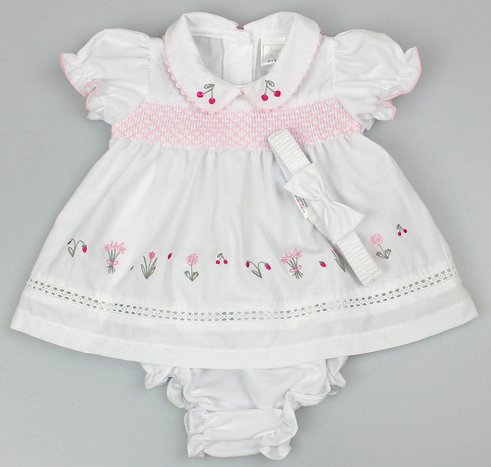 Thumbnail: Baby Girl Dress Set Outfit Smocked Embroidered Headband White