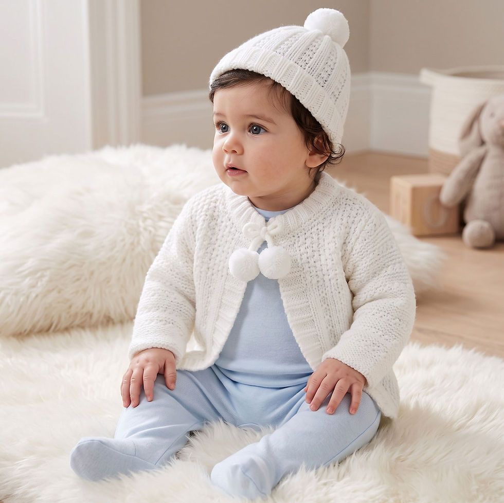 Thumbnail: Baby Boy Girl Chunky Knitted Cardigan Hat Set Pom Poms Unisex WHITE