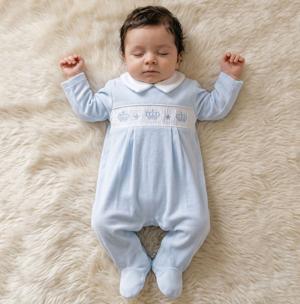 Thumbnail: Baby Boy Velour Sleepsuit Smocked Crown Embroidery BLUE