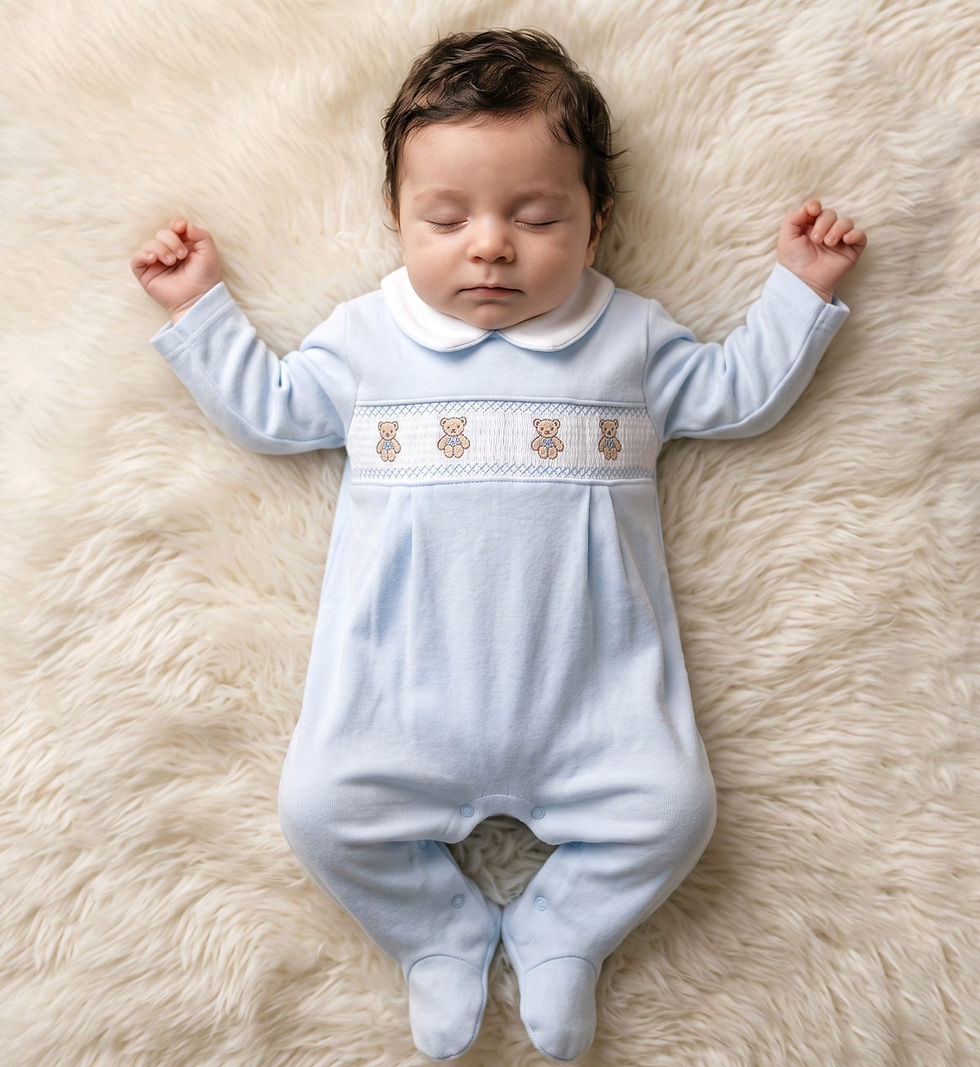 Thumbnail: Baby Boy Velour Sleepsuit Smocked Teddy BLUE