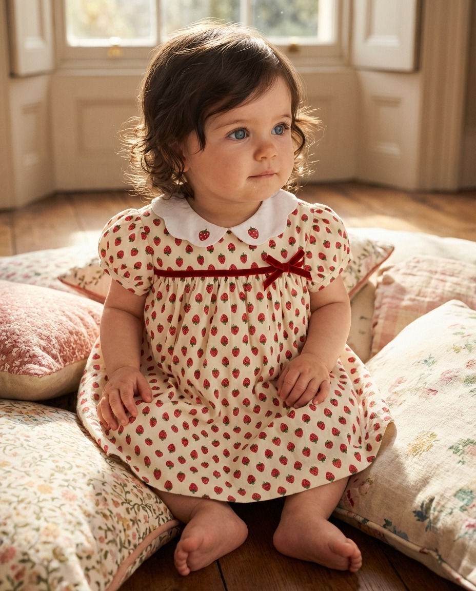 Thumbnail: Baby Girl Dress Toddler Traditional Classic Cotton Strawberry Bow Red Cream