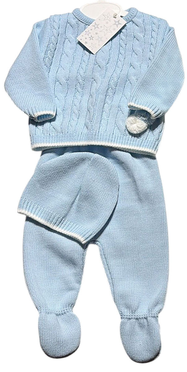 Thumbnail: Baby Boy Knitted Outfit 3 Pce Set Spanish Jumper Leggings Hat Pom Poms 0-3 Month