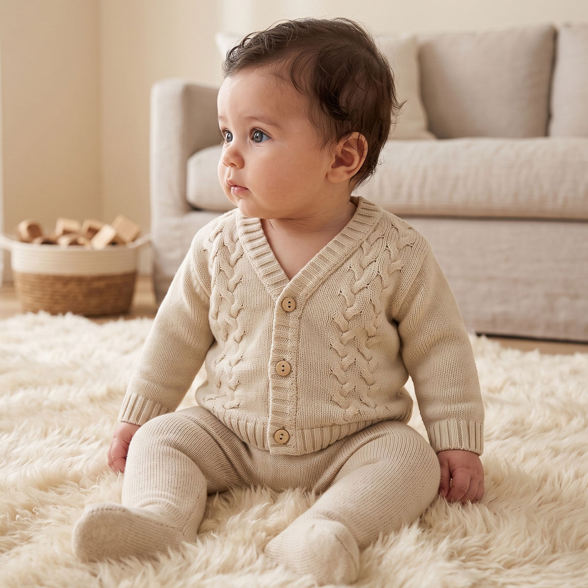Dandelion Baby Boy Cardigan V Neck Cable Traditional Classic TAUPE