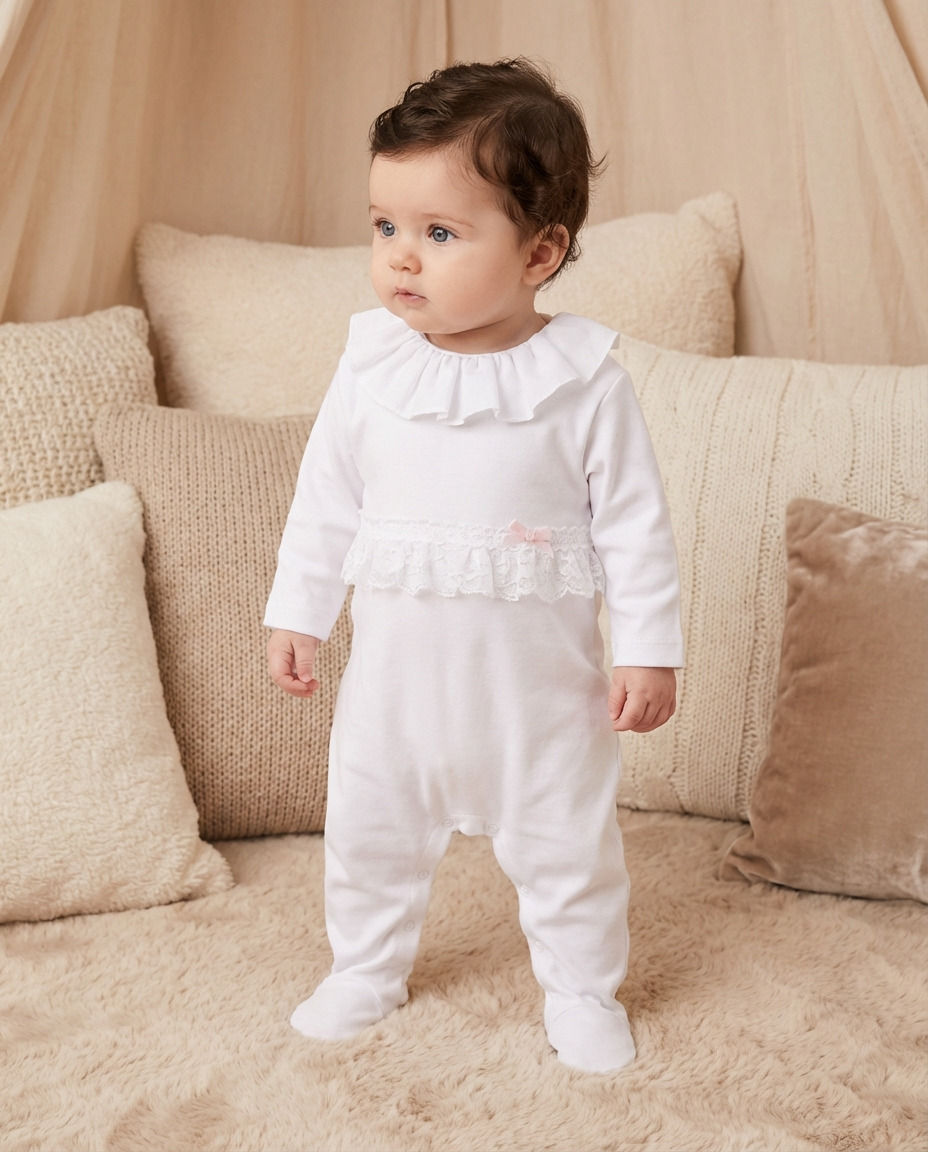 Thumbnail: Baby Girl Sleepsuit Babygrow All in One Cotton Frilly Lace White