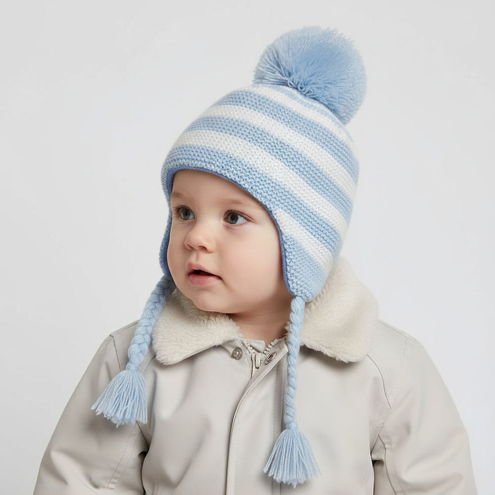 Thumbnail: Baby Boy Hat Pom Pom Knitted Lined Winter Warm Grey Blue Striped