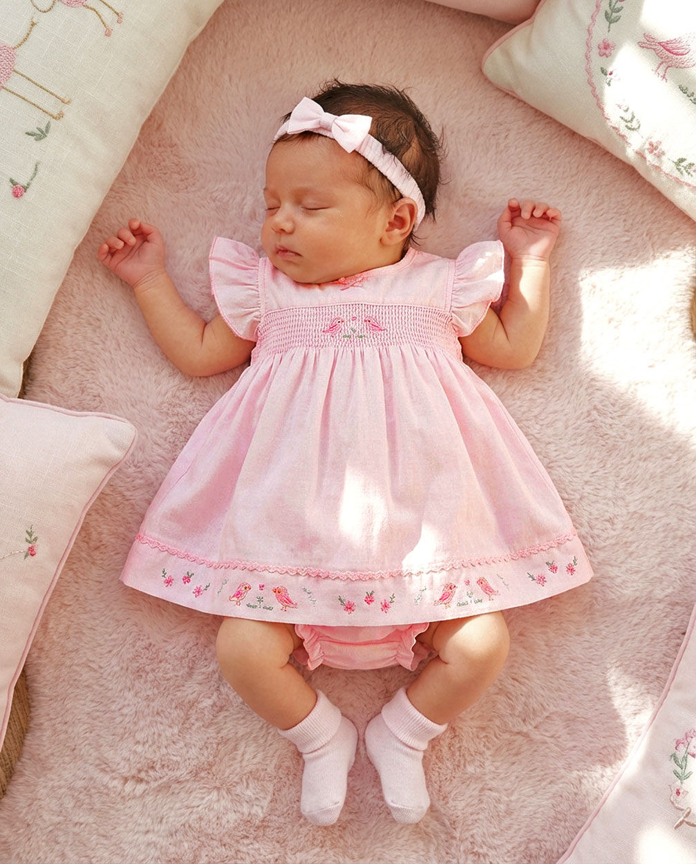 Baby Girl Dress Set Outfit Embroidered Bow Headband Pink