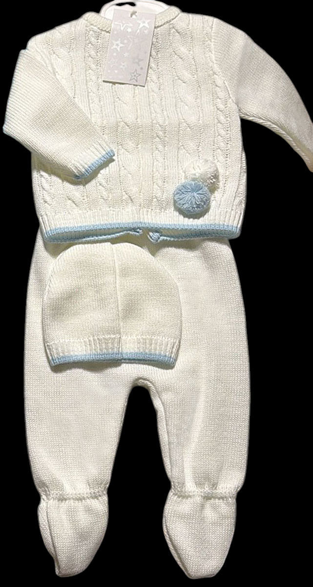 Thumbnail: Baby Boy Knitted Outfit 3 Pce Set Spanish Jumper Leggings Hat Pom Poms 0-3 Month