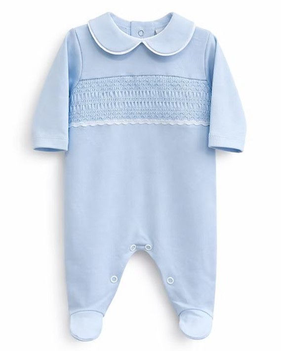 Thumbnail: Baby Boy Sleepsuit Babygrow All in One Cotton Smocked Traditional Blue