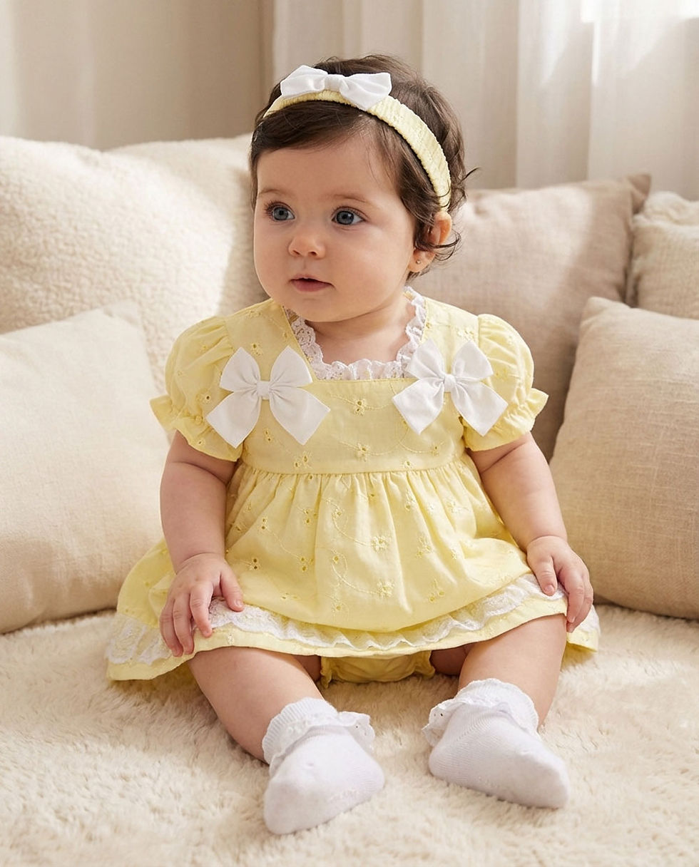 Thumbnail: Baby Girl Dress Set Outfit Bows Frilly Bow Headband Lemon