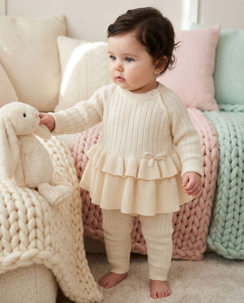 Thumbnail: Baby Girl Luxury Knitted Dress Leggings 2 Pce Frilly Outfit Set Cotton Ivory