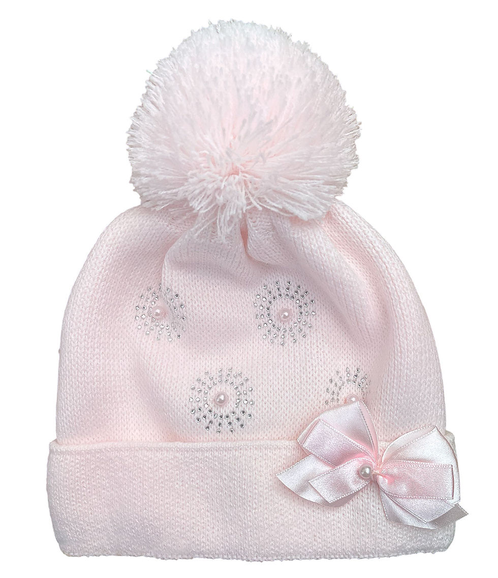 Thumbnail: Baby Girl Knitted Hat Luxury Bow Pom Pom Diamante Quality Lined Pink Ivory
