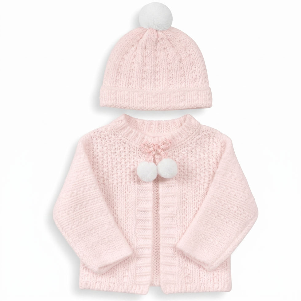 Thumbnail: Baby Boy Girl Chunky Knitted Cardigan Hat Set Pom Poms Unisex WHITE