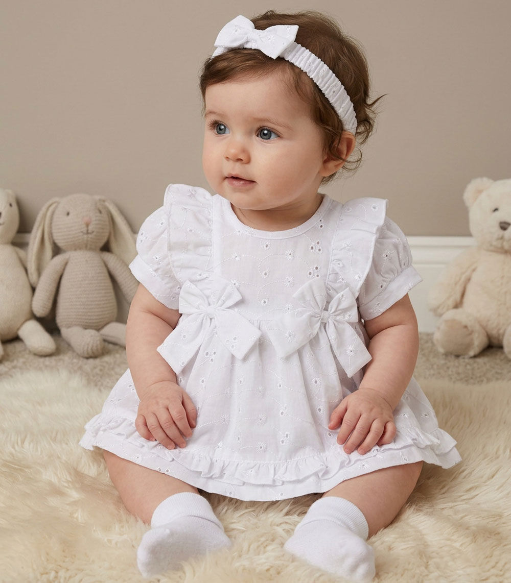 Baby Girl Dress Set Broderie Anglaise Bows Headband Frilly White