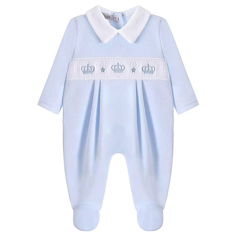 Thumbnail: Baby Boy Velour Sleepsuit Smocked Crown Embroidery BLUE