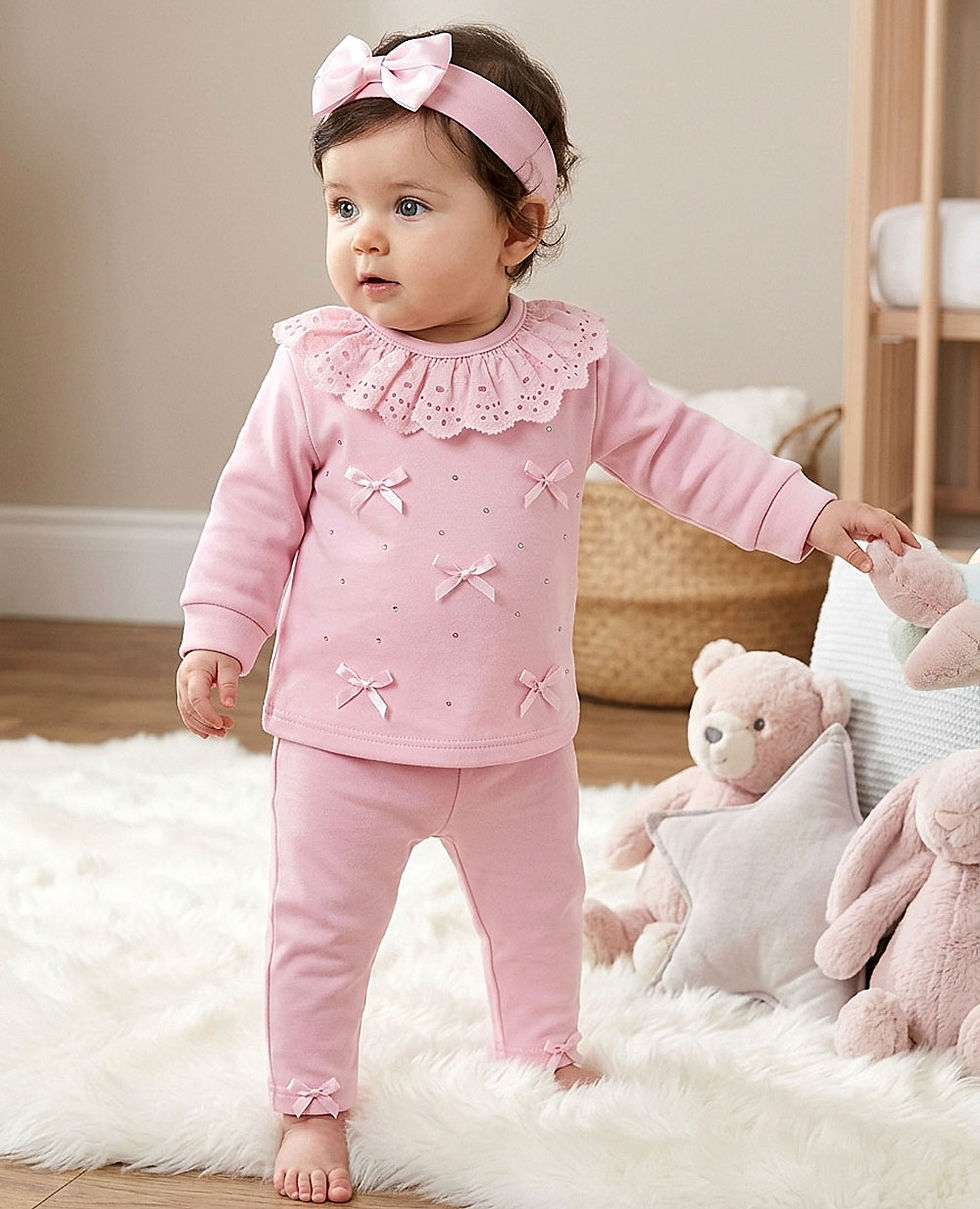 Thumbnail: Baby Girl 3 Pce Outfit TrousersTop Headband Bows Diamante Frills PINK