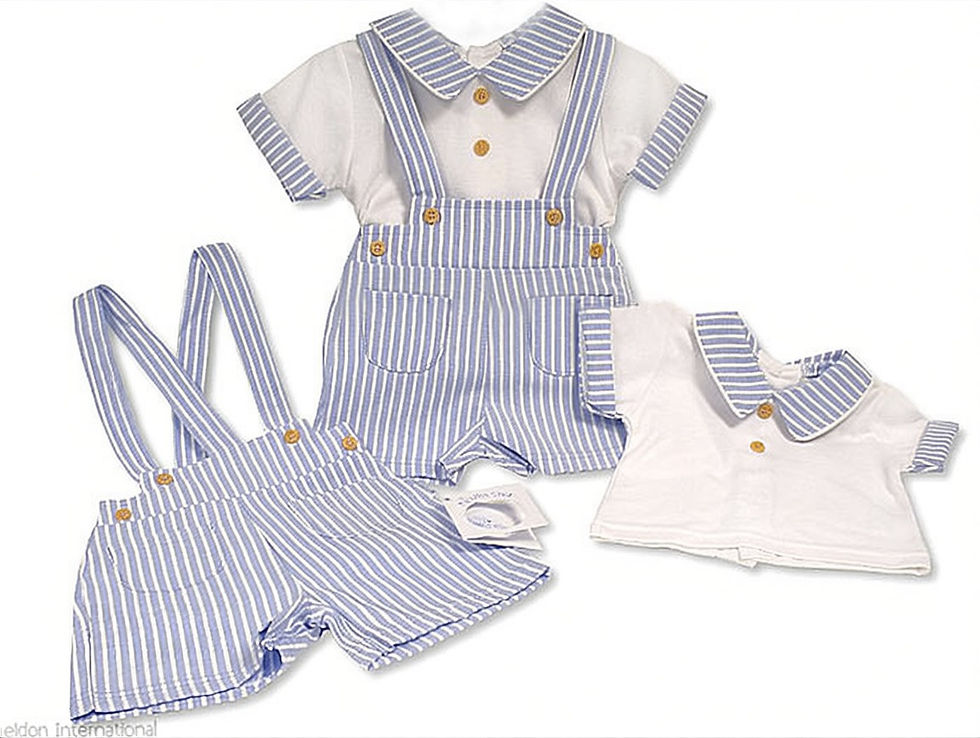 Thumbnail: Baby Boy Dungaree Shorts Braces Top 2 Pce Outfit Set Striped Blue