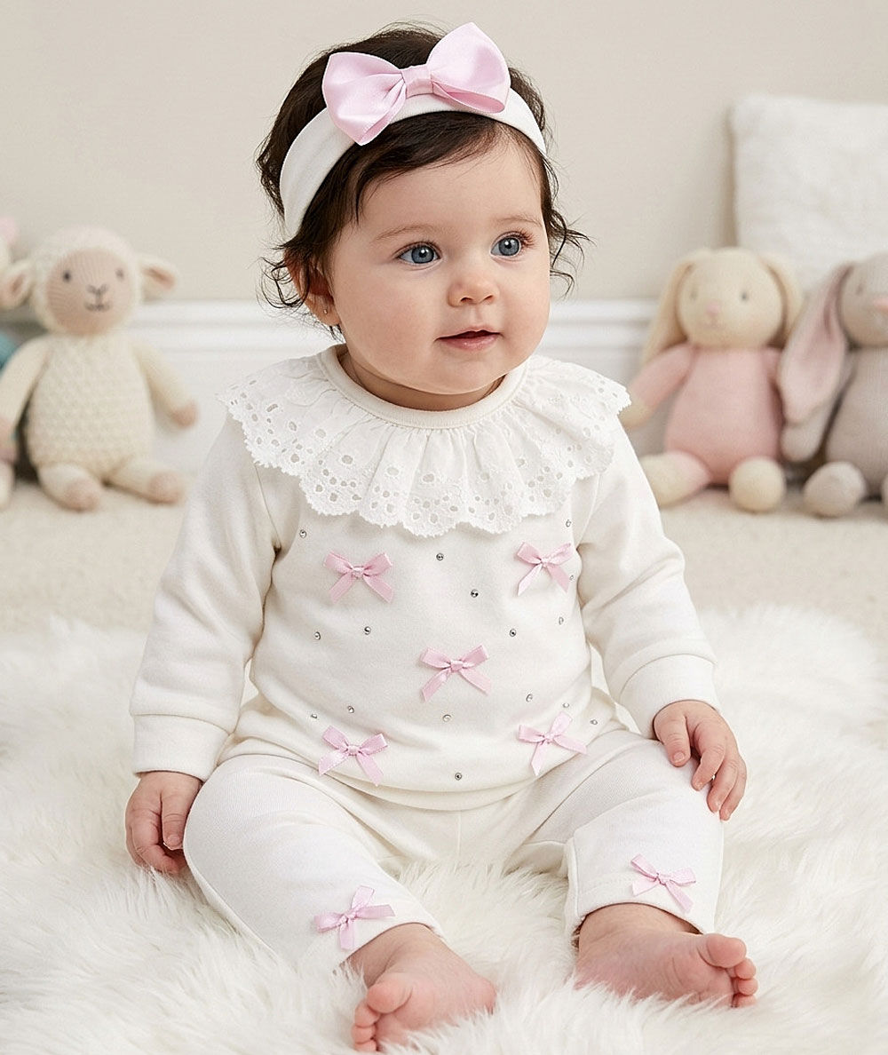 Baby Girl 3 Pce Outfit TrousersTop Headband Bows Diamante Frills IVORY PINK