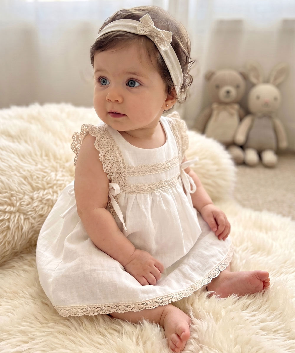 Baby Girl Dress Headband Cotton Lace Bows Ivory Natural