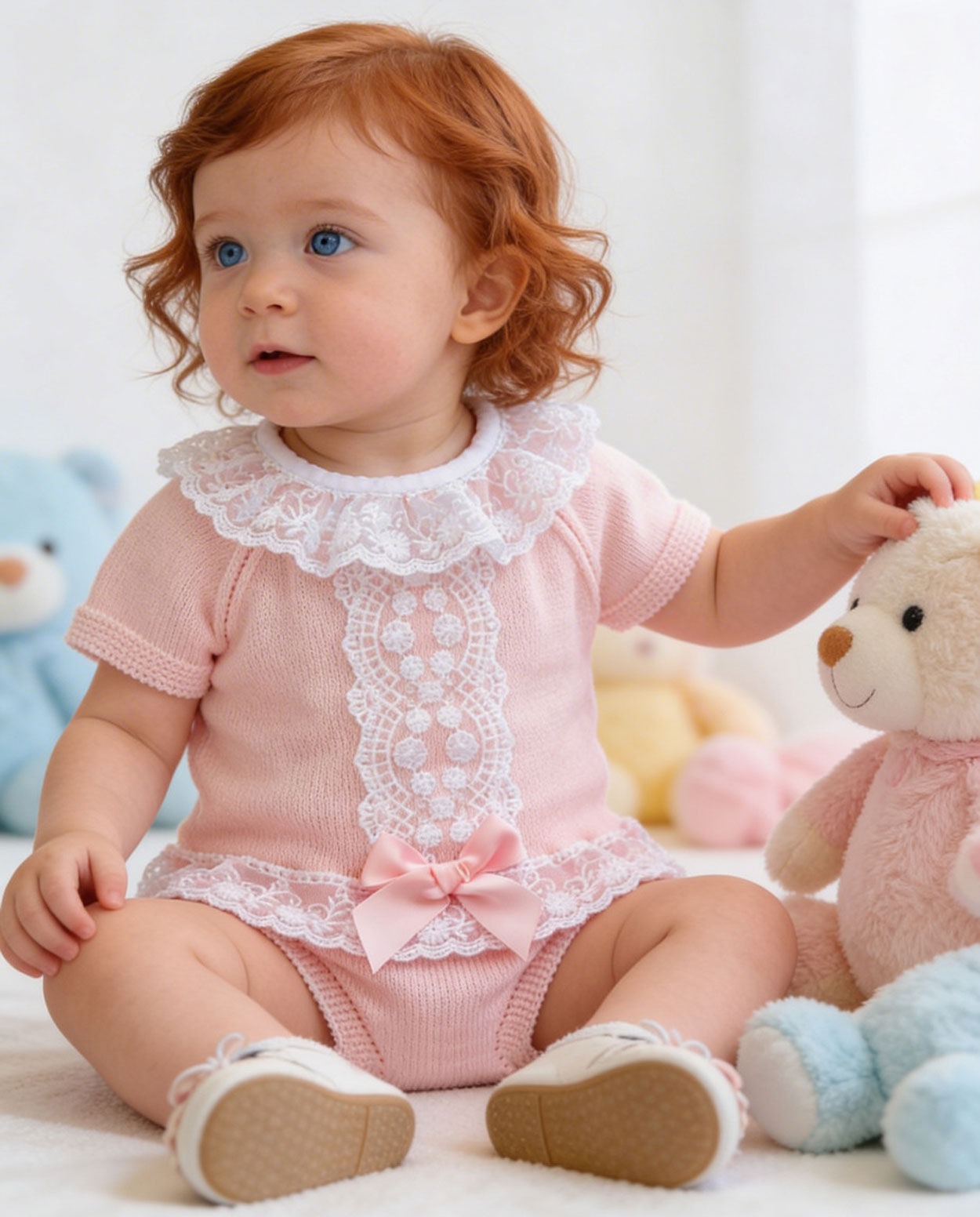 Baby Girl Toddler Luxury Spanish Jam Pants Outfit Set Lace Frills Bow Pink