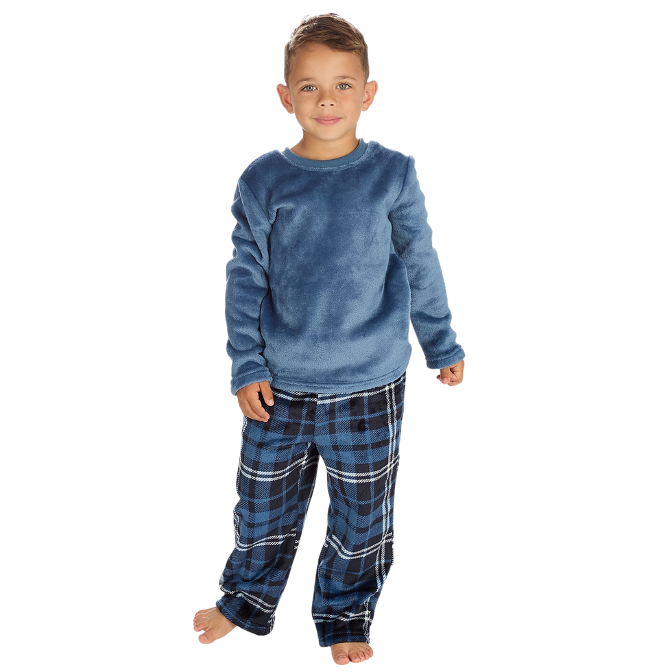 Thumbnail: Infant Boy Lounge Set Pyjamas Trouser Top Fleece Check Navy Denim