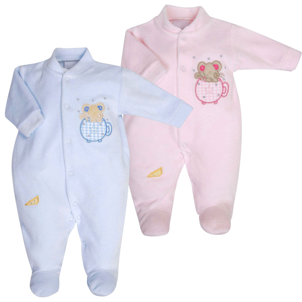 Baby Girl Boy Sleepsuit Babygrow Velour Dandelion Mouse Pink Blue