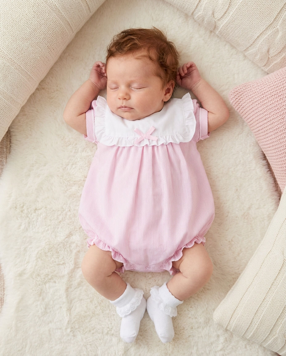 Thumbnail: Baby Girl Romper Frilly Bib Striped Summer Sun Suit Pink