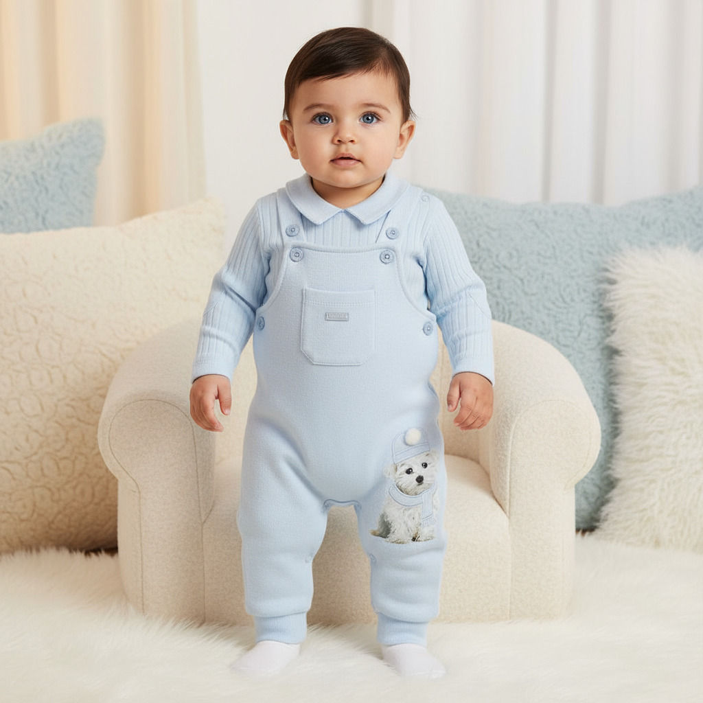 Mintini Baby Boy Dungaree Top Set Outfit Puppy Dog Pom Pom Blue