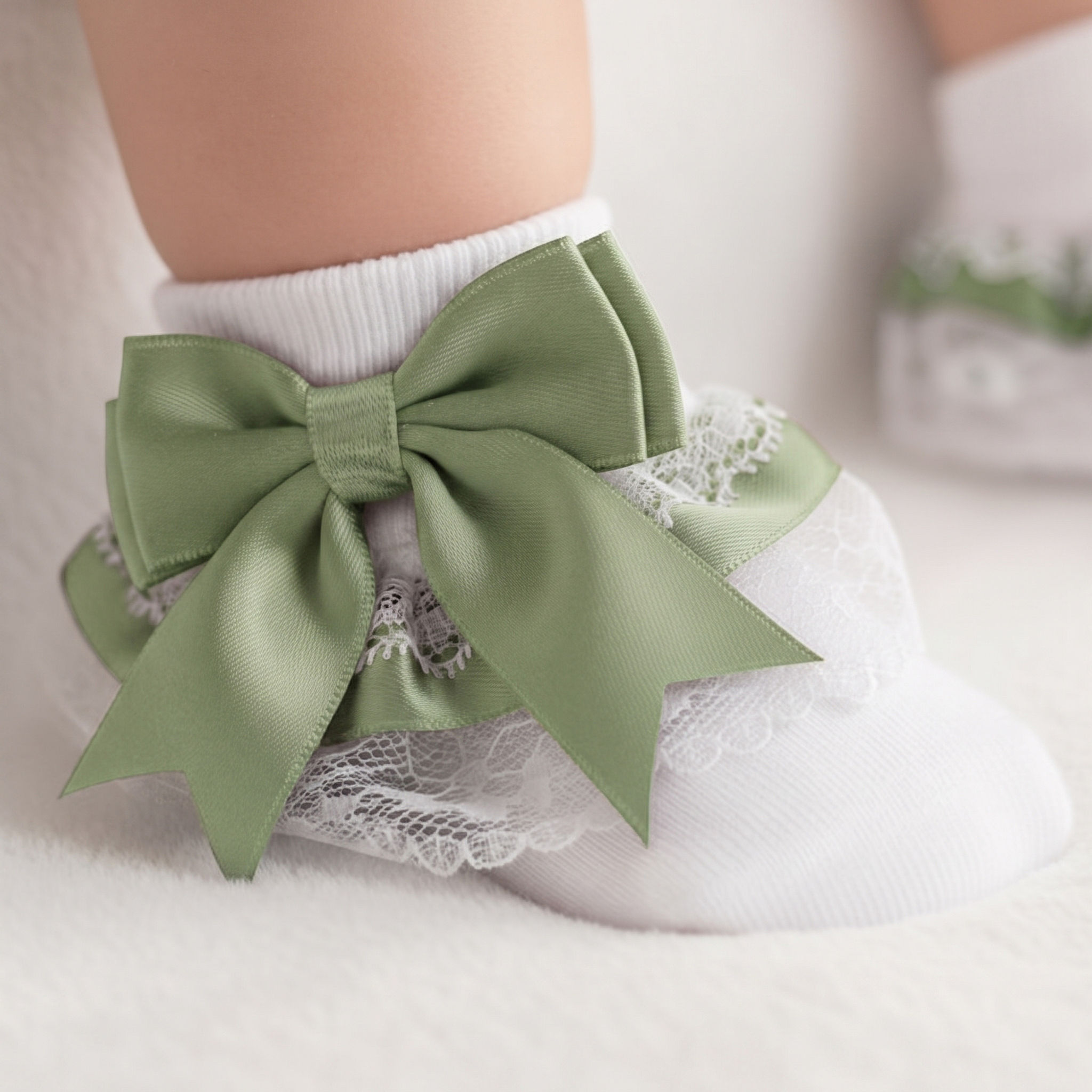 Baby Girl Frilly Lace Ankle Socks Ribbon Bows SAGE GREEN