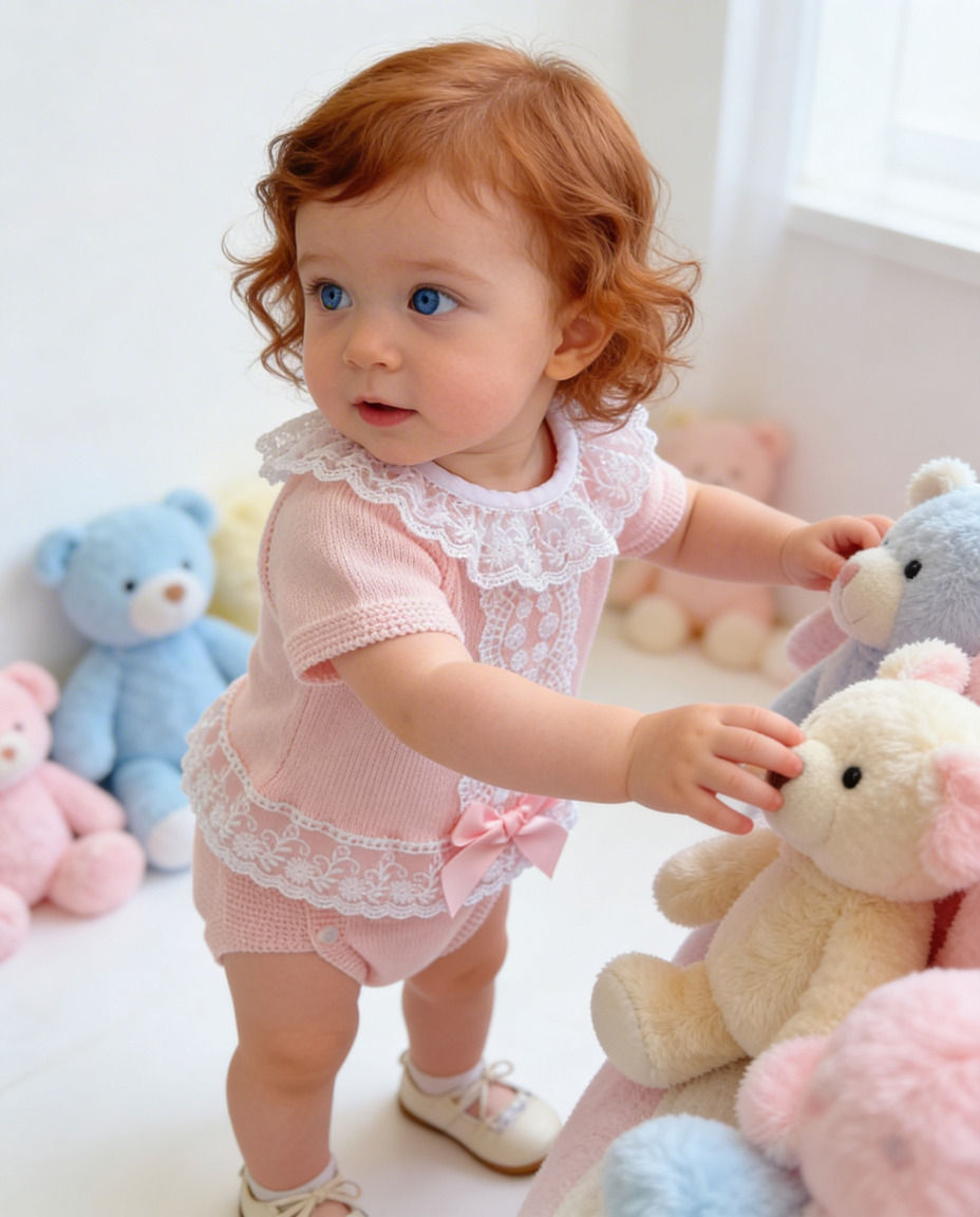 Thumbnail: Baby Girl Toddler Luxury Spanish Jam Pants Outfit Set Lace Frills Bow Pink