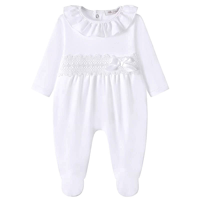 Thumbnail: Baby Girl Cotton Sleepsuit Babygrow Frilly Lace Bow WHITE
