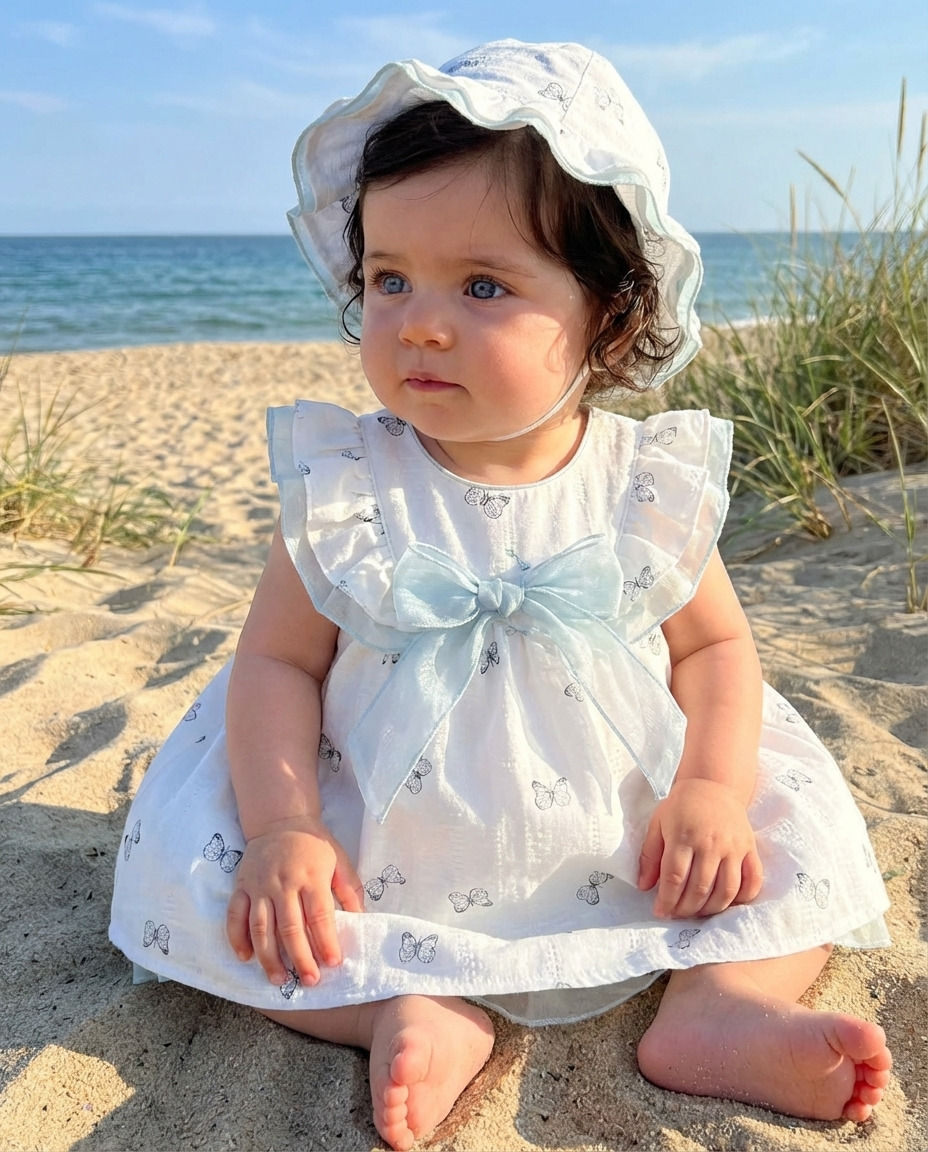 Thumbnail: Baby Girl Dress Toddler Sun Hat Frilly Bow Butterflies Special Occasion