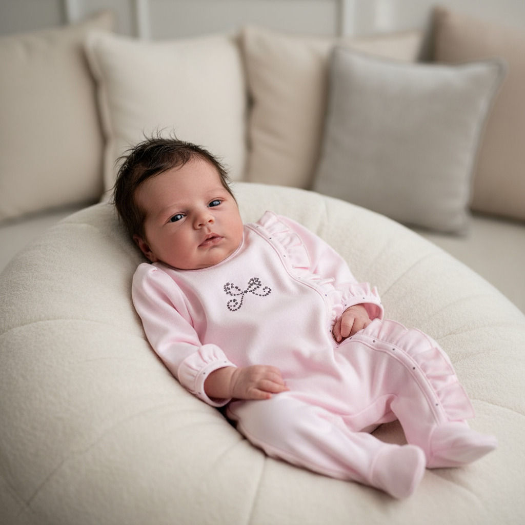 Baby Girl Mintini Sleepsuit Babygrow Diamante Bow Frilly Cotton Pink