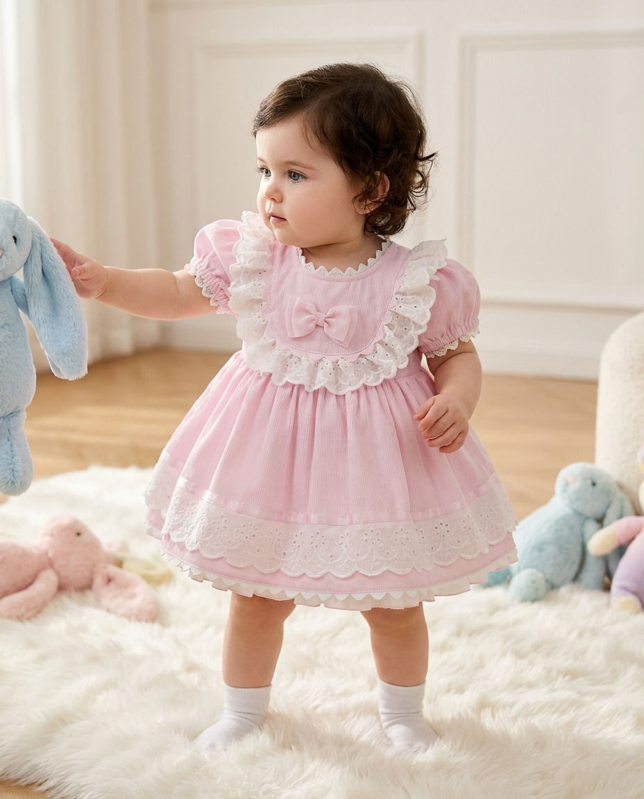 Thumbnail: Baby Girl Dress Spanish Puffball Frilly Lace Bow Party Special Occasion Pink