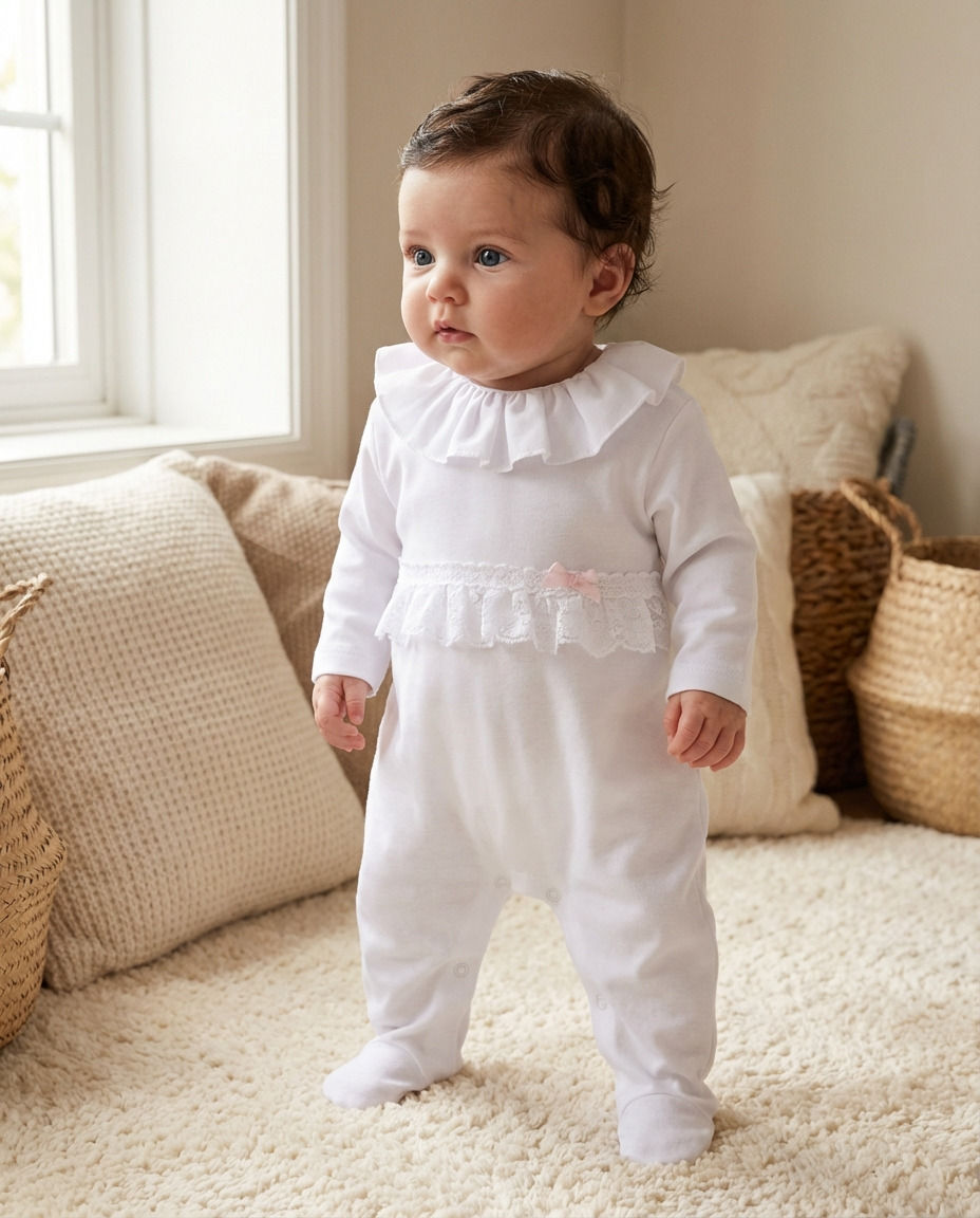Thumbnail: Baby Girl Sleepsuit Babygrow All in One Cotton Frilly Lace White