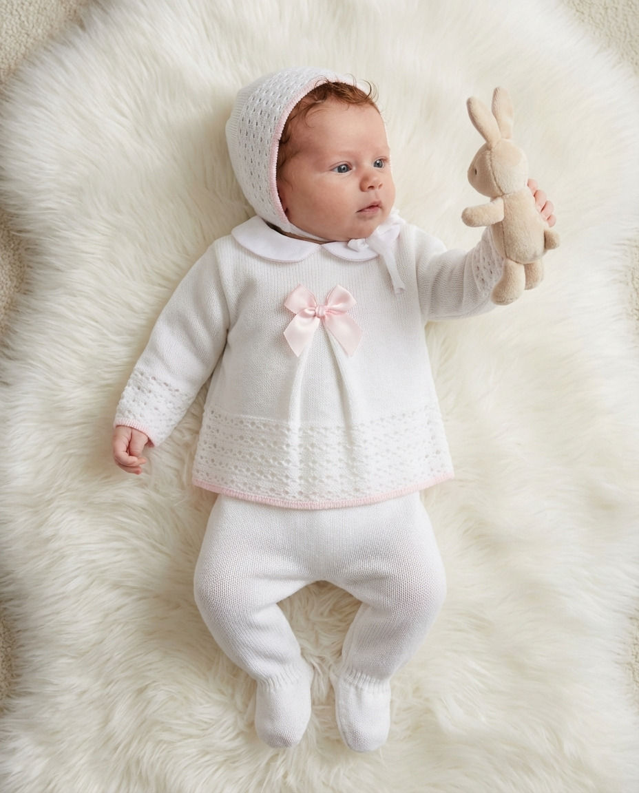Thumbnail: Baby Girl Knitted 3 Pce Outfit Pram Set Bonnet Hat Bow 0-3 Months White