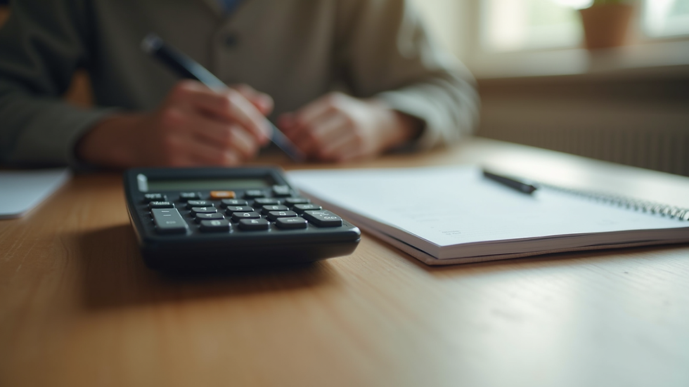 Eye-level view of a calculator and notebook on a wooden table