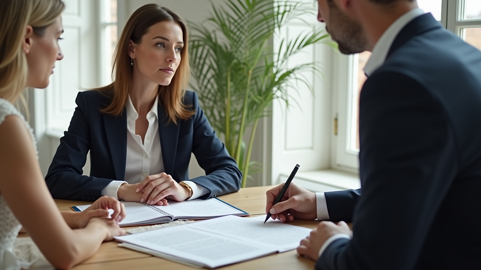 Eye-level view of a wedding planner discussing venue options with a couple