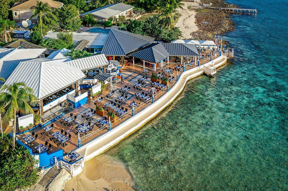 Aerial view of a waterfront restaurant and beach club.