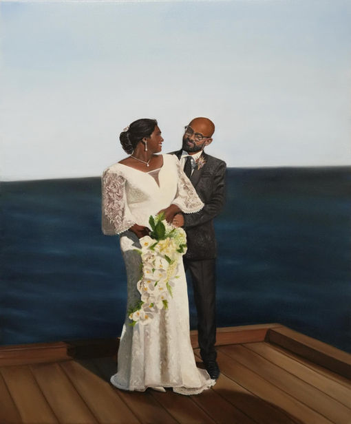Live Wedding Painting of Manjilly and Leo front beach at Bathers Beach Hous in Perth by the Perth Live Wedding Painter Kiziah