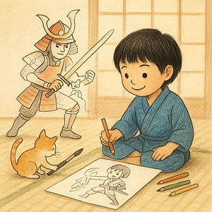 Illustration: Junge zeichnet sich selbst als Samurai mit Rüstung – Kreativität im Kranich-Club