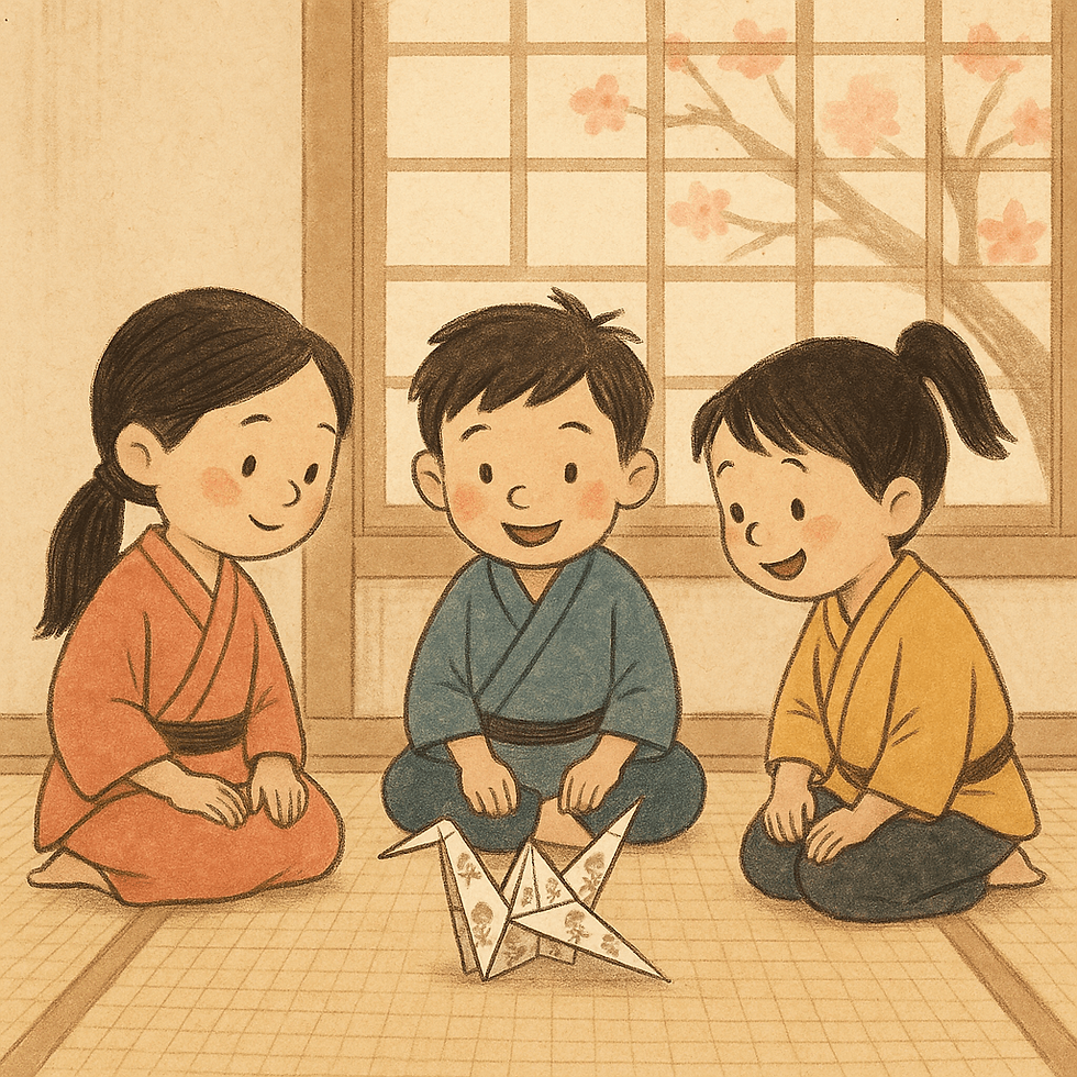 „Zwei Kinder in traditionellen japanischen Gewändern betrachten in einem Museumsvitrine einen Samurai-Helm und ein Schwert, daneben steht ein Origami-Kranich.