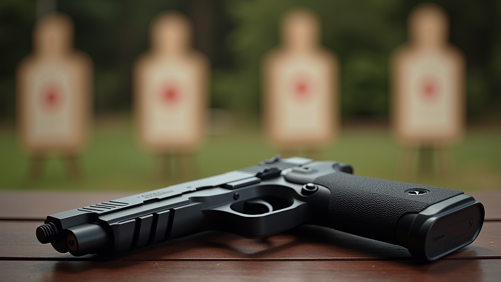 Close-up view of a handgun on a shooting bench with targets in the background