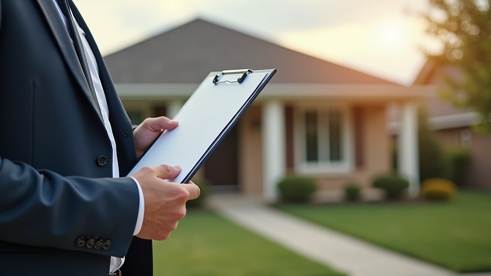 Eye-level view of a realtor holding a clipboard outside a suburban house